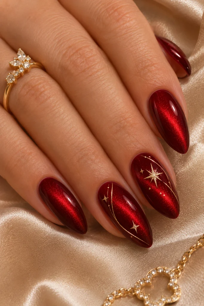 Red Cat Eye Nails With Gold Details