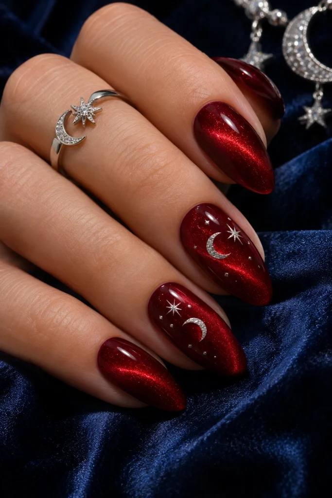  Red Cat Eye Nails With Silver Crescent Moons