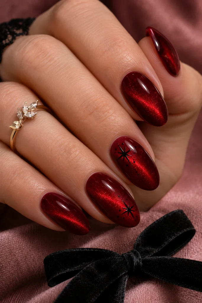 Red Cat Eye Nails With Tiny Black Stars