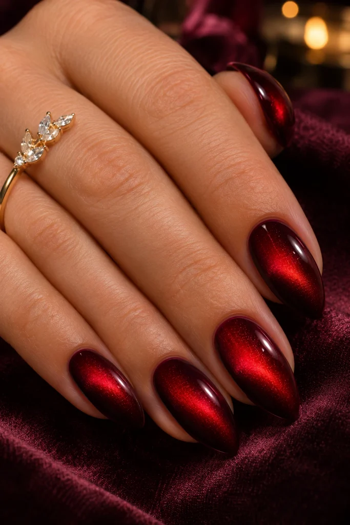 Red Cat Eye Nails With a Velvet Aura Effect