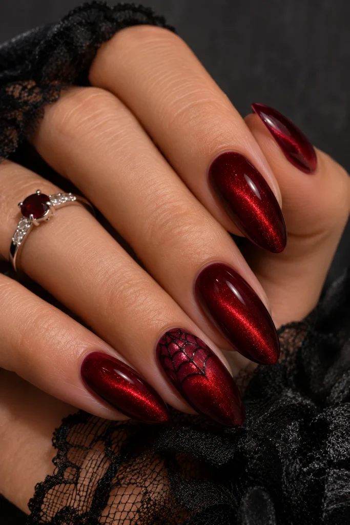Red Cat Eye Spiderweb Nails