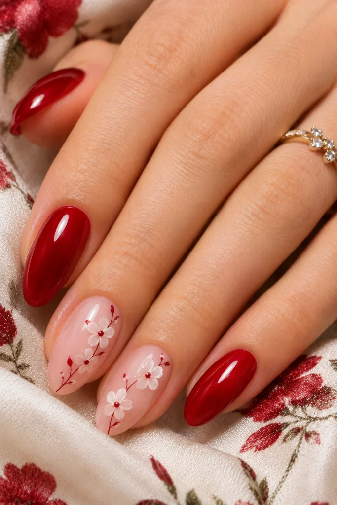 Red Floral Accent Nails