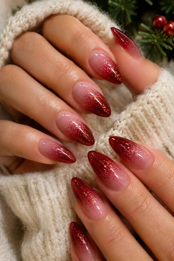  Red glitter ombré Christmas nails with a glossy cherry-red fade.