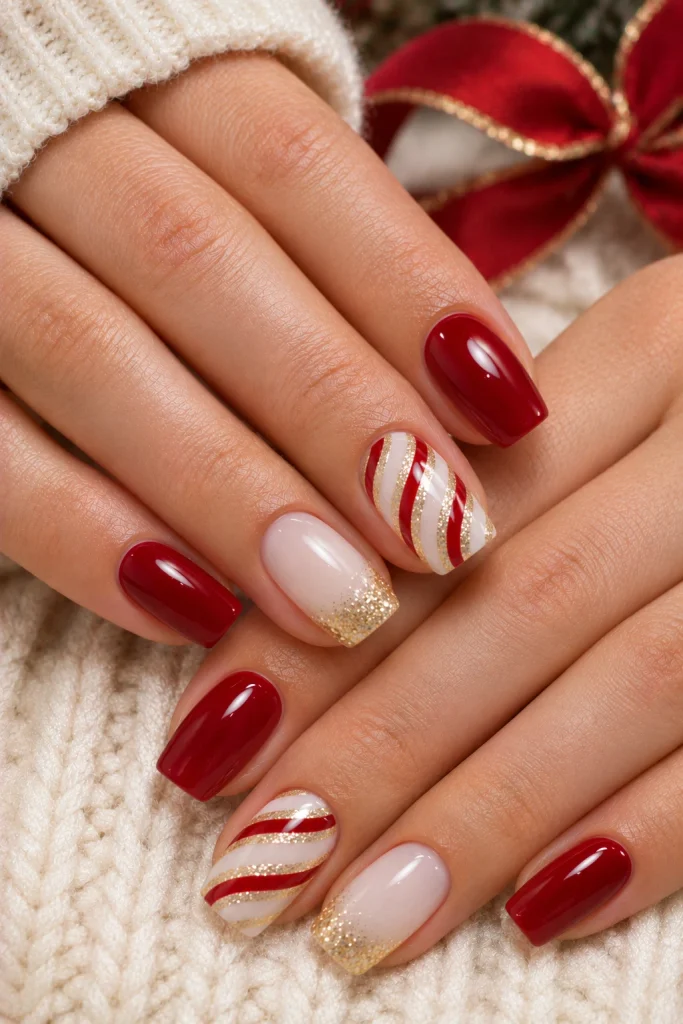 Red and gold glitter Christmas nails with candy-cane accent art.