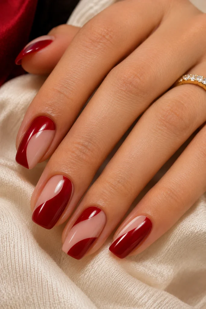  Red and Nude Color-Block Nails