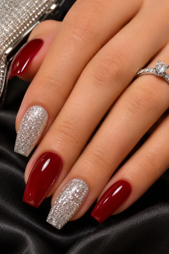 Red and Silver Glitter Nails

