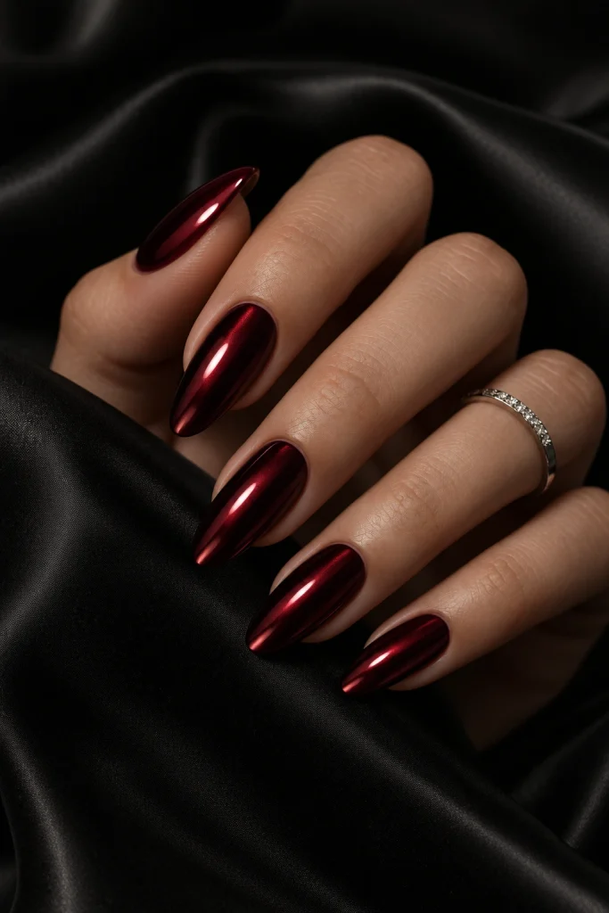 Reflective Oxblood Chrome Nails