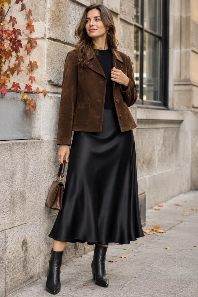 Woman styling a chocolate suede jacket with a black satin midi skirt and ankle boots.