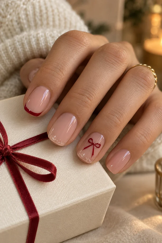  Rosy Nude Nails With Miniature Cherry Red Bows