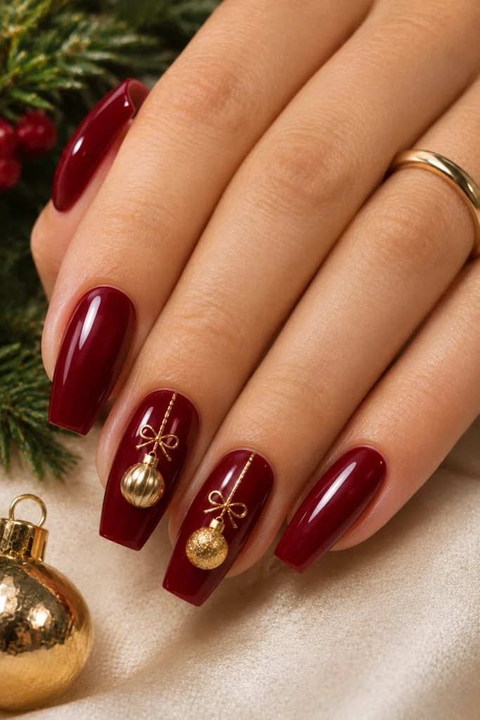 Glossy ruby-red Christmas nails with raised gold ornament accents.