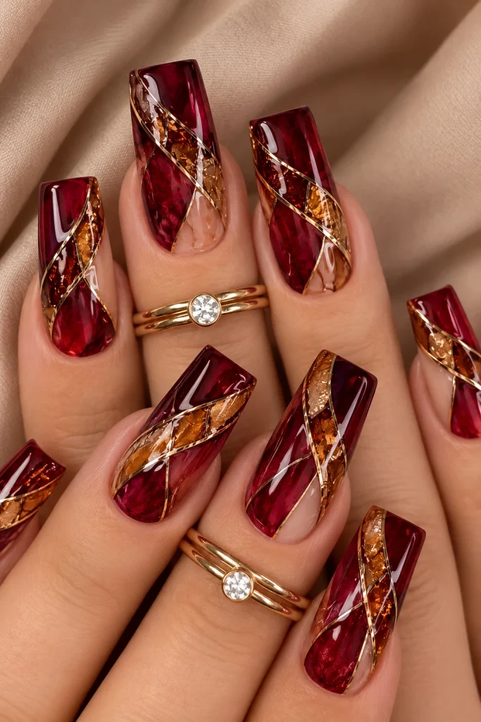 Ruby red and garnet stained glass nails with fine gold outlines and glossy translucent color.