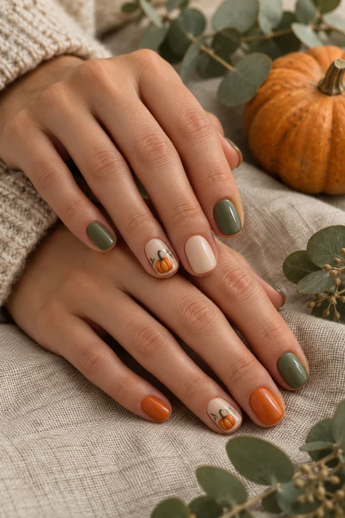 Sage Green and Pumpkin Nails