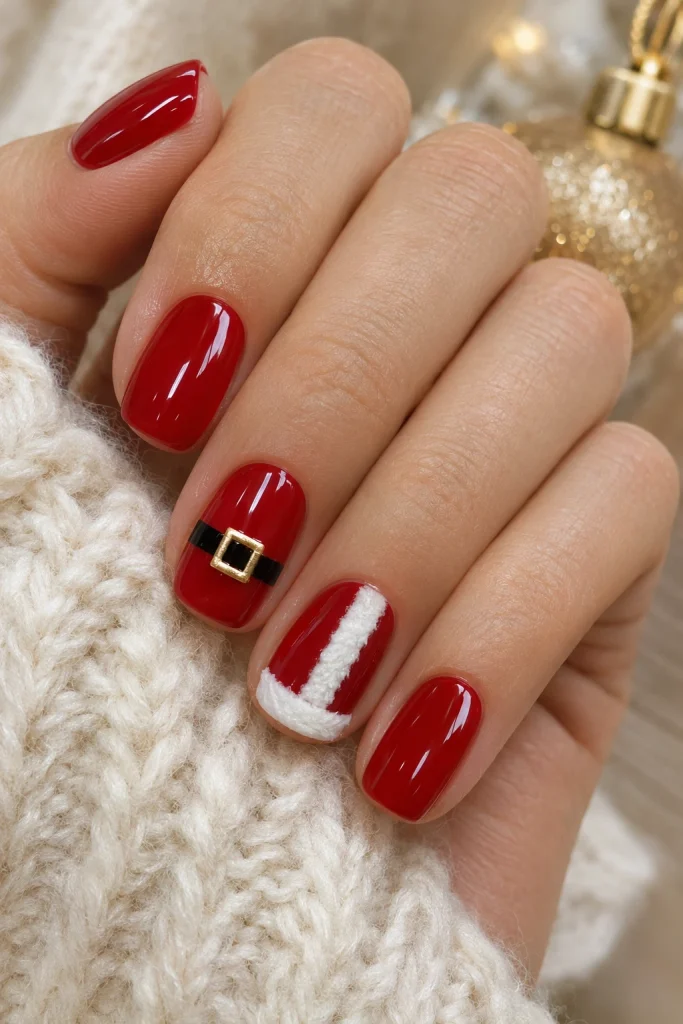 Glossy red Santa suit nails with a black belt, tiny gold buckle, and white trim on short square nails.