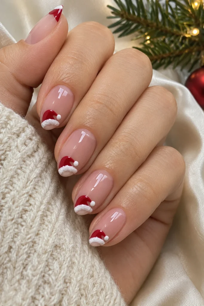 Sheer nude almond nails featuring miniature red Santa hat French tips with white trim and pom-poms.