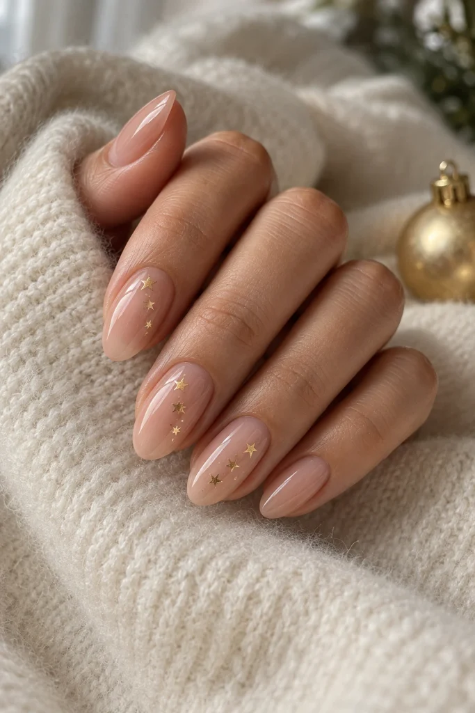 Sheer Nude Almond Nails With Fine Gold Christmas Stars