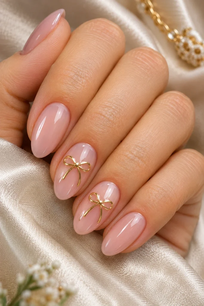 Sheer blush-pink Christmas nails with miniature gold bow accents and a glossy finish.