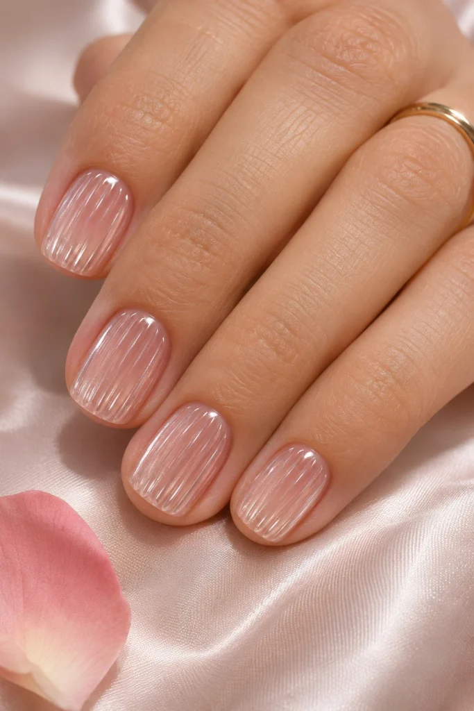 Sheer pink ribbed glass nails with clear raised vertical ridges.