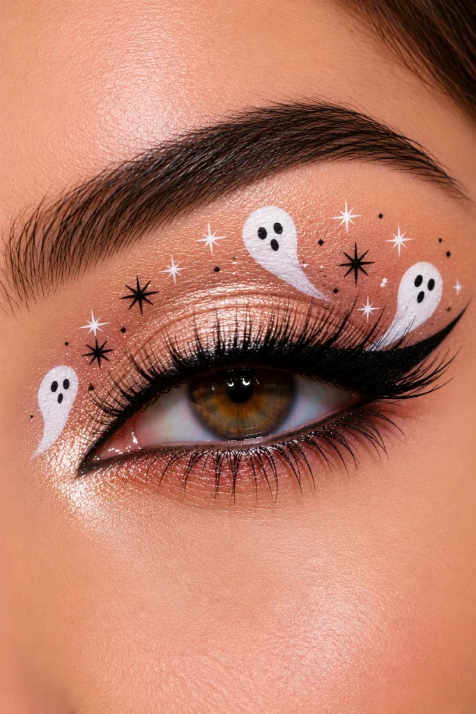 Champagne shimmer Halloween eye makeup with tiny white ghosts and delicate stars.