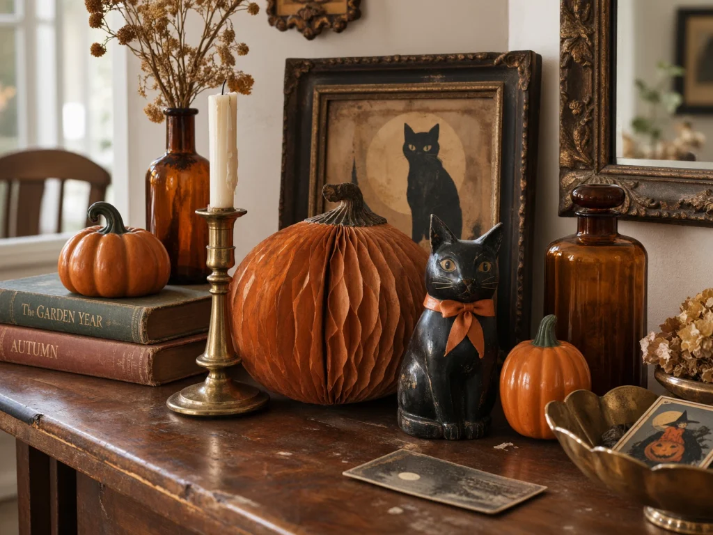 Thrifted and vintage Halloween decorations arranged on a wooden table
