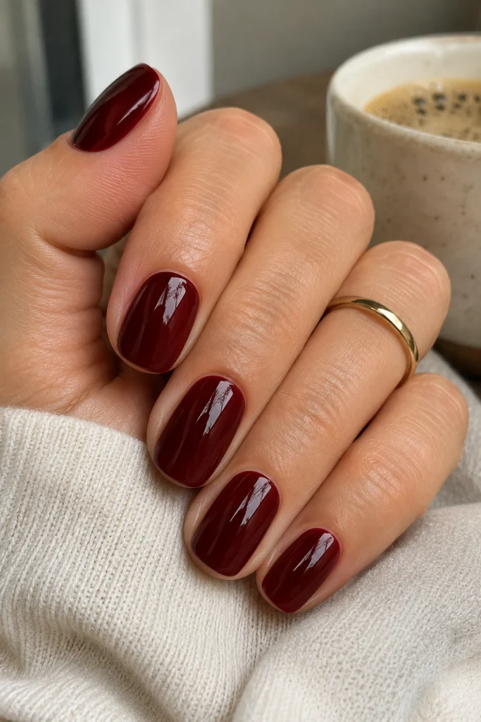 Short squoval nails painted glossy cherry cola red-brown gel polish.