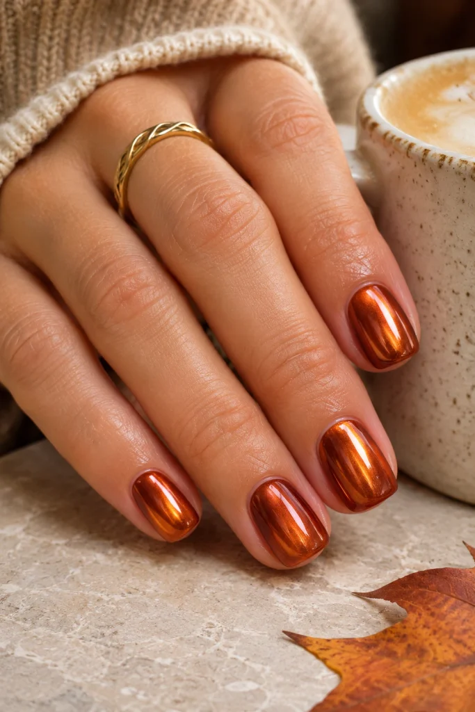 Short squoval nails in burnt pumpkin-orange chrome with copper shine.