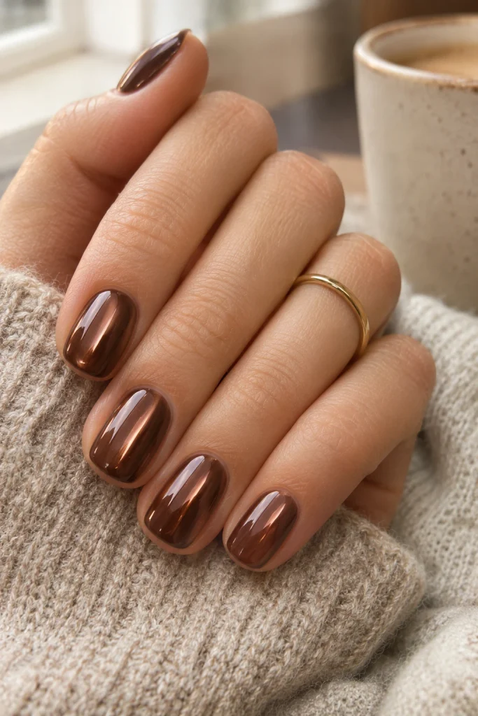 Short rounded chocolate brown chrome nails with a glossy gel finish.
