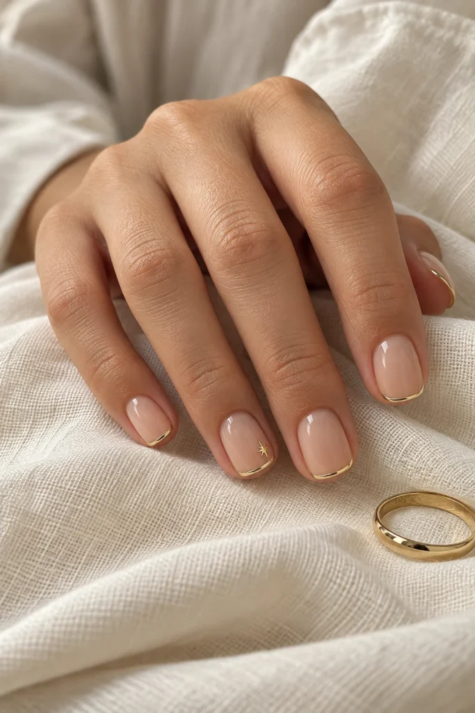 Short Nude Nails With Minimal Gold French Tips