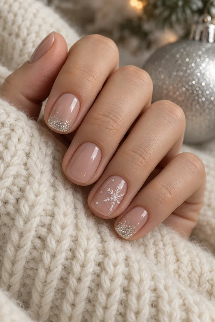 Short Nude Nails With Silver Glitter and One Snowflake
