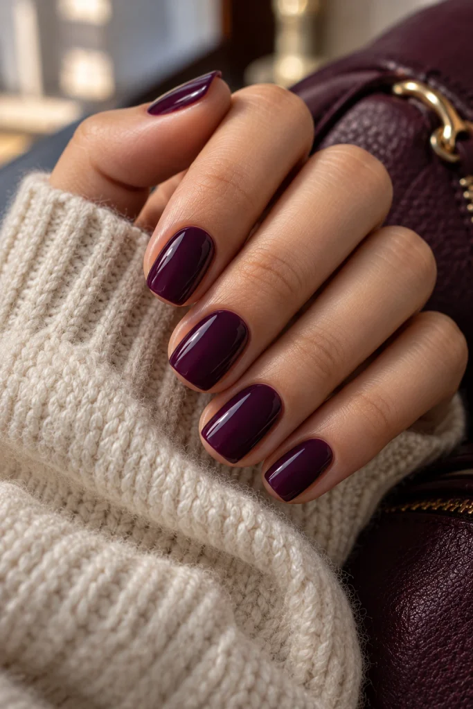 Short squoval nails in a smooth dark plum cream polish with a neat, glossy finish.