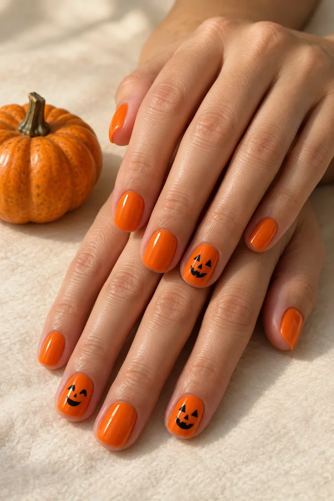 Short Pumpkin Nails With Simple Faces