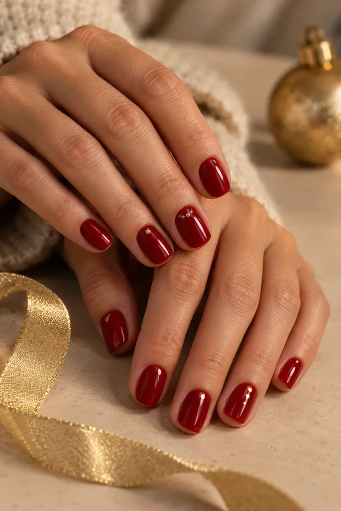 Short Red Nails With Gold Accent Dots