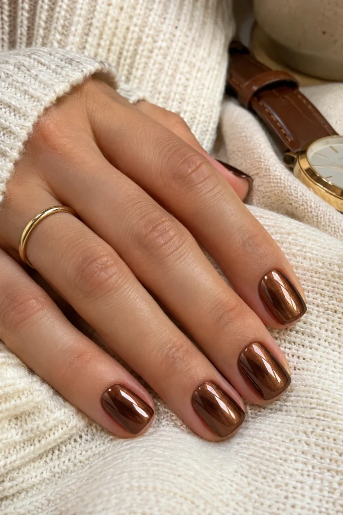 Short square coffee-brown chrome nails with a neat reflective finish.