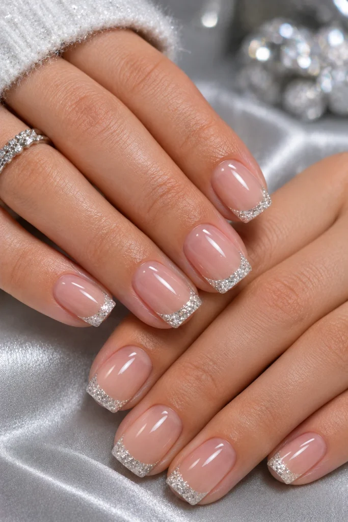 Milky pink Christmas nails with delicate silver glitter French tips.