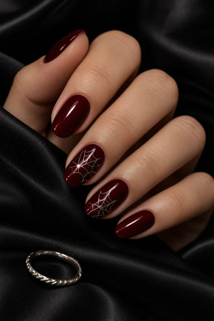 Silver Spiderwebs on Deep Wine Red Nails