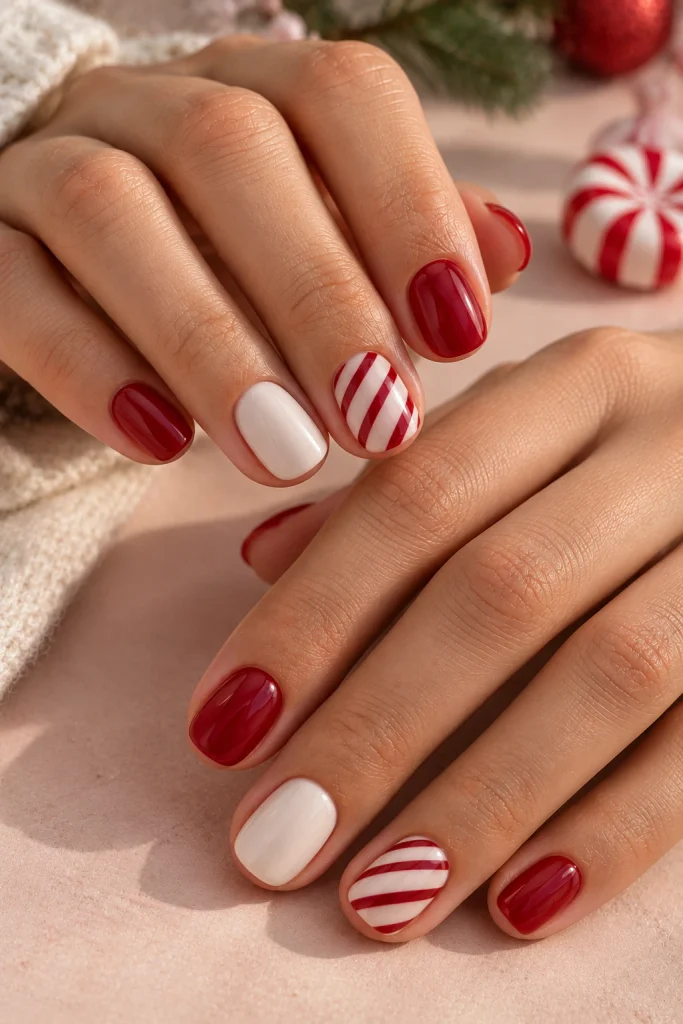 Simple Candy Cane Accent Nails
