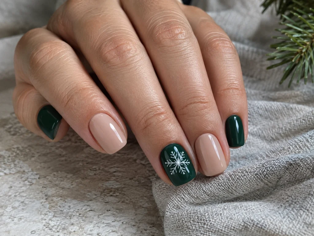 Simple white snowflake nail art on a deep green accent nail with a glossy winter manicure.