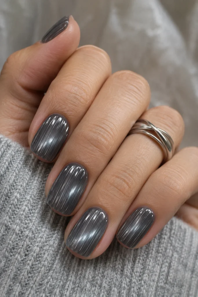 Smoky gray ribbed glass nails with fine raised lines and a soft silver glow.