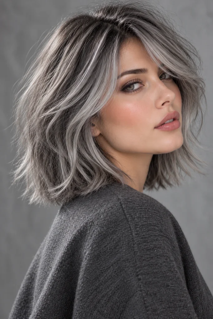 Smoky silver hair with charcoal roots and layered steel-gray highlights.