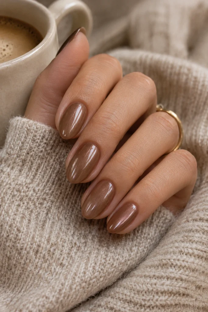 Soft mocha glazed chrome manicure with a subtle pearly sheen on short almond nails.