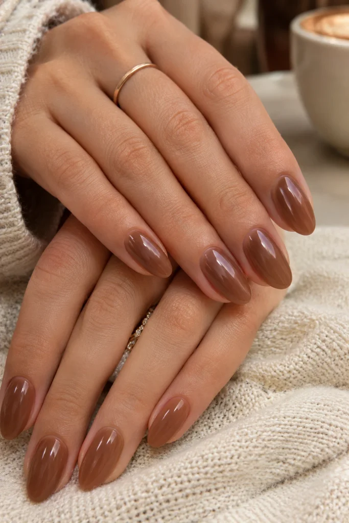 Soft mocha-brown glazed gel nails with a subtle pearly chrome sheen.