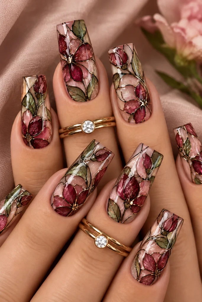 Floral stained glass nail art featuring translucent rose petals, muted green leaves, and fine decorative outlines.