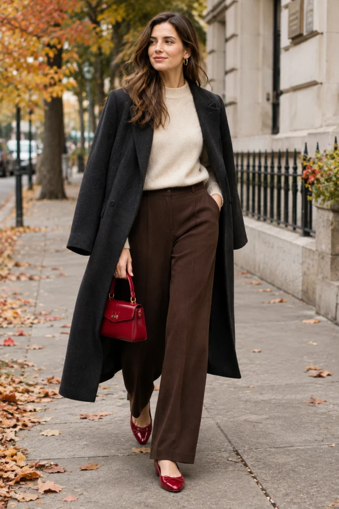 Chic fall outfit featuring a cream sweater, chocolate-brown trousers, a dark coat, and cherry-red ballet flats.
