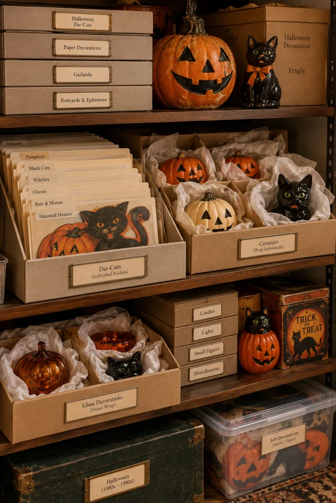 Carefully stored vintage Halloween decorations protected for future seasons