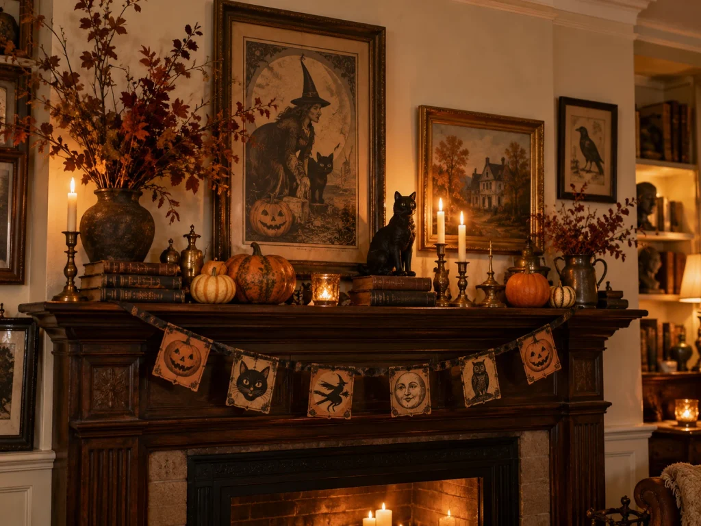 Vintage Halloween mantel with pumpkins, black cats, paper garland, and warm lighting