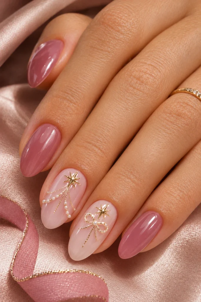 Sugar-plum pink Christmas nails with tiny gold stars and delicate ballet-inspired Nutcracker accents.