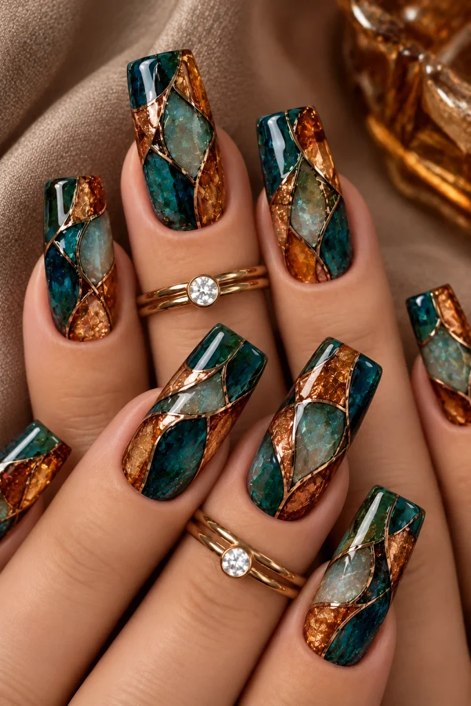 Teal and amber stained glass mosaic nails with irregular panels and delicate copper-gold outlines.