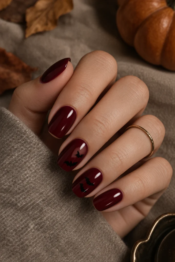 Tiny Black Bats on Glossy Oxblood Nails