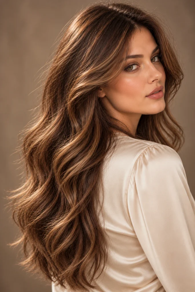 Toffee brunette hair with warm golden-brown reflections and long soft waves.