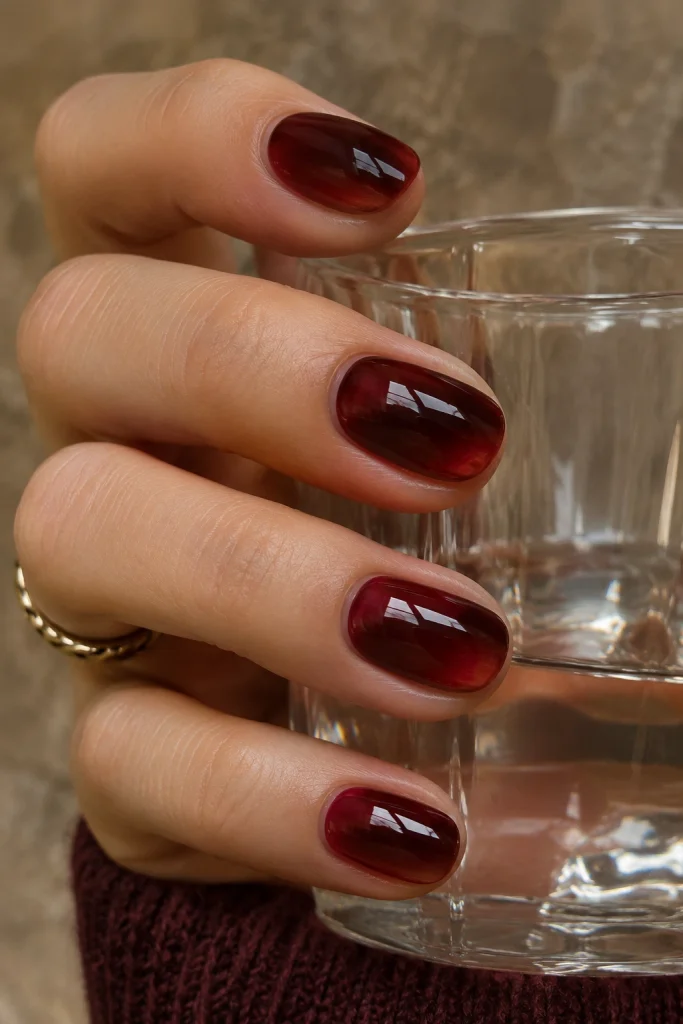  Translucent cherry cola jelly nails with a glossy red-brown finish.