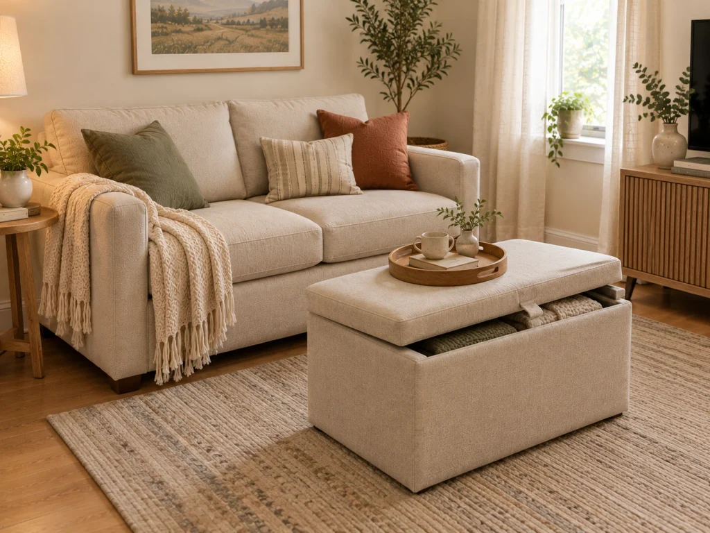 Try a Small Storage Ottoman Instead of a Bulky Coffee Table